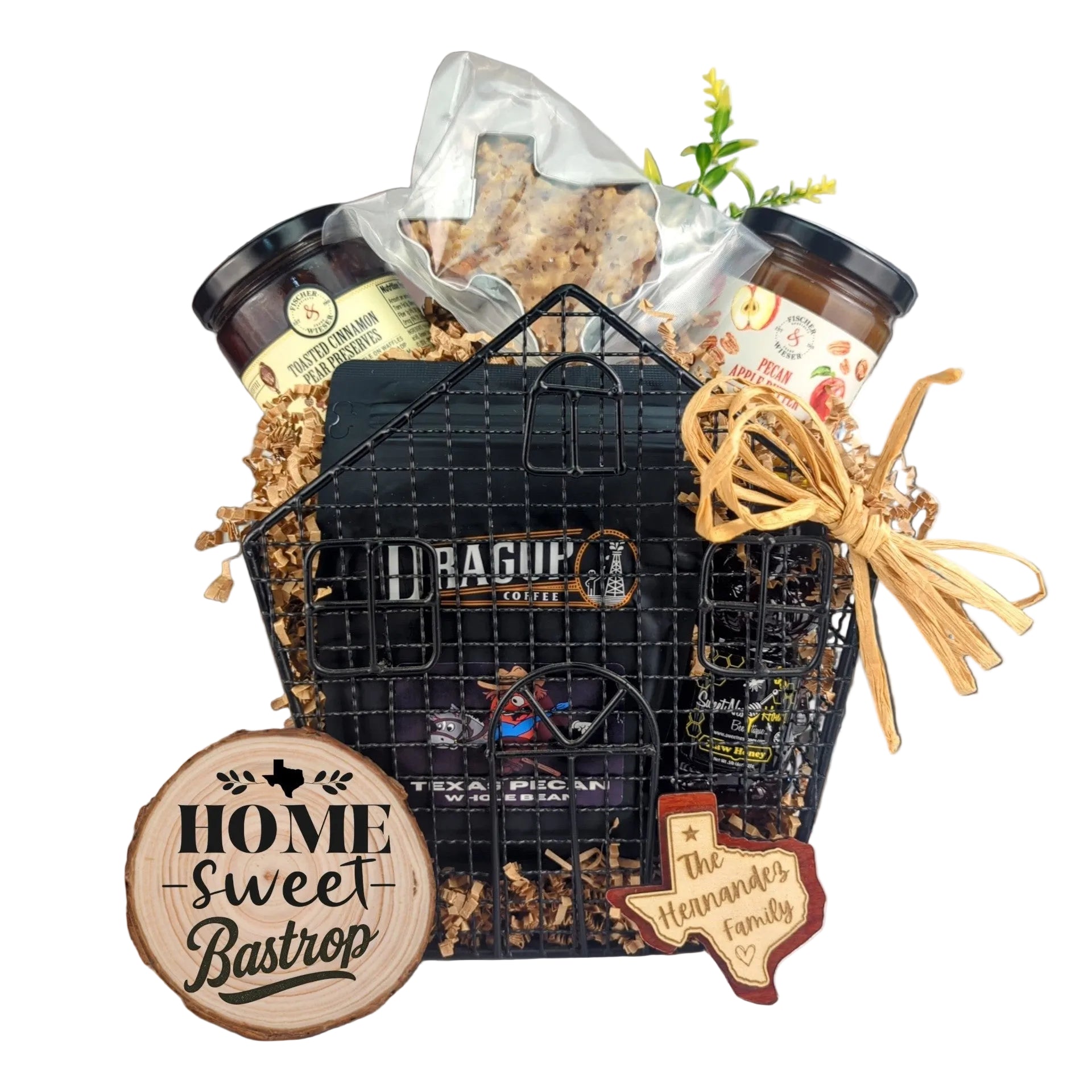 Welcome Home Bastrop basket with Texas-made treats arranged as a housewarming gift