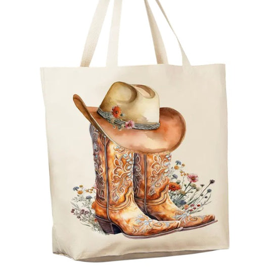 Western Cowboy Boots Country Flowers Canvas Tote