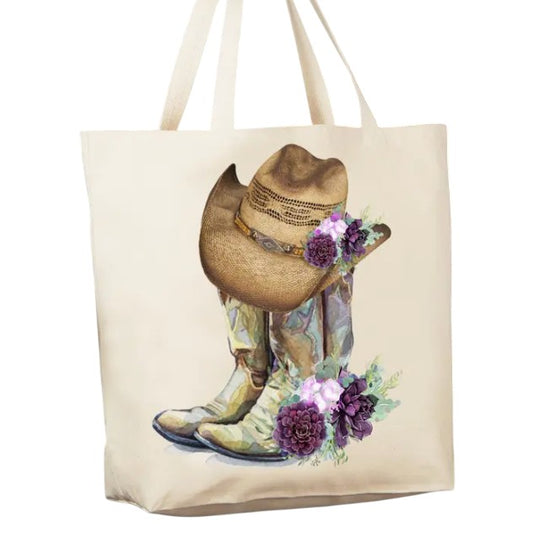 Western Cowboy Boots Hats Southwestern Canvas Tote