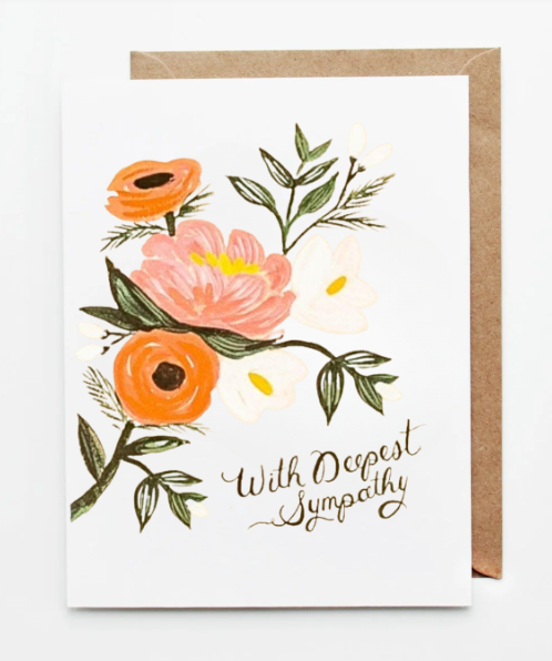 Sympathy greeting card featuring painted flowers and the message “With Deepest Sympathy.”