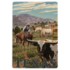 Wood postcard featuring a Texas longhorn scene displayed as a Texas-themed gift from a Texas gift shop storefront