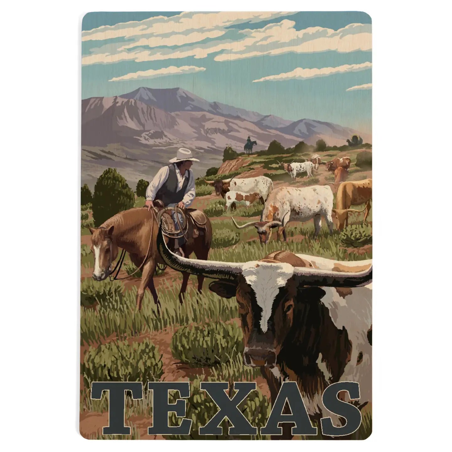 Wood postcard featuring a Texas longhorn scene displayed as a Texas-themed gift from a Texas gift shop storefront