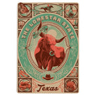 Wood postcard featuring a Texas woodcut menagerie design displayed as a Texas-themed gift from a Texas gift shop storefront