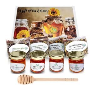 C&J Farms Texas Gourmet Artisan Seasonings A Gift of Tea and Honey Gift Set- 9 Piece Variety Sampler Box- Includes Stir Spoon and Sampling of Loose Leaf Tisanes & Infused Honey- Local, Natural Flavors