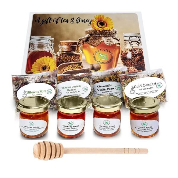 C&J Farms Texas Gourmet Artisan Seasonings A Gift of Tea and Honey Gift Set- 9 Piece Variety Sampler Box- Includes Stir Spoon and Sampling of Loose Leaf Tisanes & Infused Honey- Local, Natural Flavors