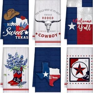 TecUnite 6 Pcs Texas Bluebonnets Kitchen Towels Texas Souvenirs Dishcloth 24 x 16 Inches Gifts Sweet Hand Towels White Blue Red Print Decorative Tea Dish Cloth for Home Decoration