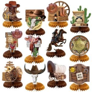 12 Pcs Cowboy Western Party Decorations Wild West Honeycomb Centerpieces for Tables Cowboy Rodeo Centerpieces 3D Western Theme Birthday Party Supplies