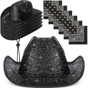 12 Pcs Sparkly Adults Cowboy Hat for Women Men Western Glitter Cowgirl Hats with Adjustable Drawstring Cowboy Party Bandana