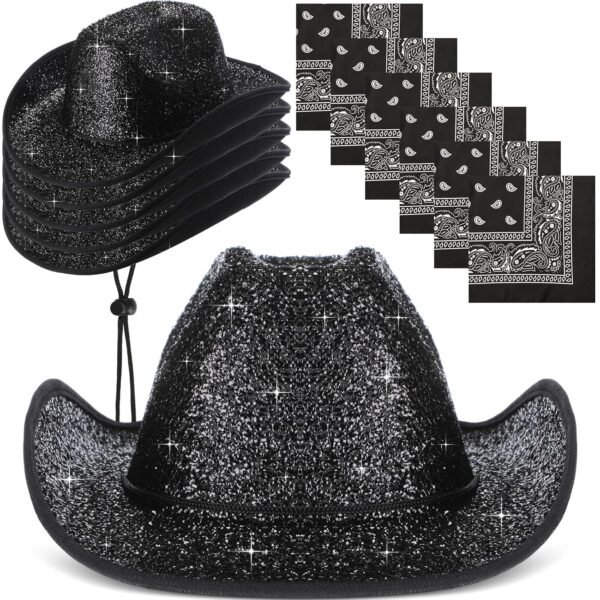 12 Pcs Sparkly Adults Cowboy Hat for Women Men Western Glitter Cowgirl Hats with Adjustable Drawstring Cowboy Party Bandana