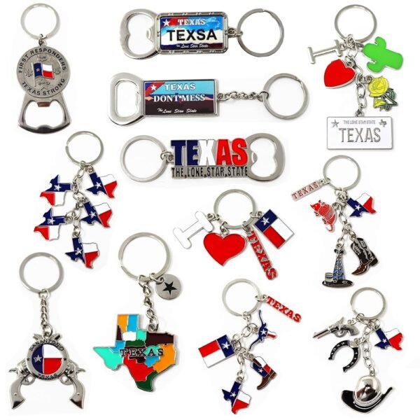 12 Pcs Texas Keychain Metal Keychains, 4 Bottle Openers, Texas State, Flag, I Love Texas, License Plate, Map, Don't Mess With Texas, Longhorn, Boot, Cactus, Texas Key chain...