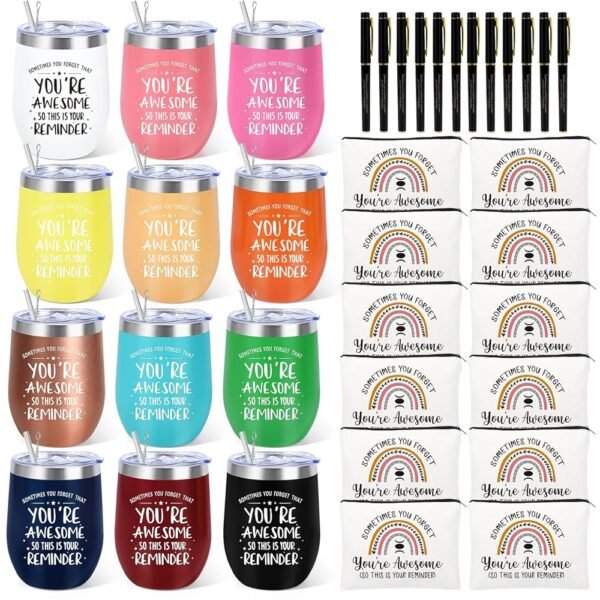 12 Set Employee Appreciation Gifts Bulk, Christmas Gifts for Coworkers Teachers Nurses, 12OZ Inspirational Stainless Steel Tumbler Makeup Bags Pen Thank You Gift For Women Men...