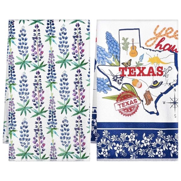 2 Pcs Texas Bluebonnets Kitchen Towels Texas Souvenirs Gifts Blue Red White Print Flower Tea Towel Sweet Hand Towels for Home Western Farmhouse Kitchen Bathroom Decor, 2 Styles