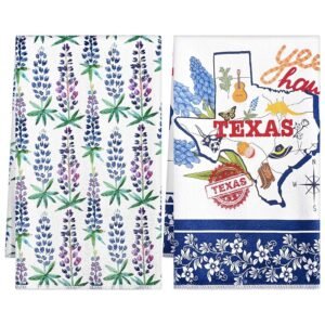 2 Pcs Texas Bluebonnets Kitchen Towels Texas Souvenirs Gifts Blue Red White Print Flower Tea Towel Sweet Hand Towels for Home Western Farmhouse Kitchen Bathroom Decor, 2 Styles