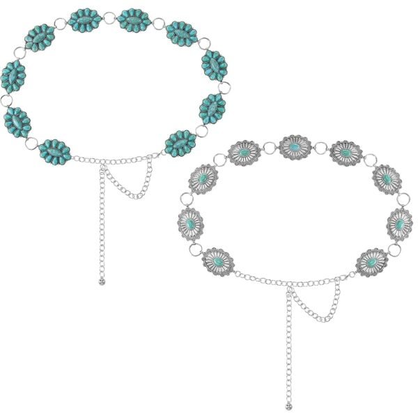 2 Pcs Turquoise Concho Chain Belt Adjustable Waist Belts for Women Western Metal Silver Belt for Dress Womens Turquoise Belt(Elegant Style)