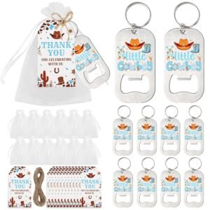 24 Sets Cowboy Bottle Openers Baby Shower Party Favors, Little Cowboy Bottle Openers Keychains Thank You Tags Organza Bags for Western Cowboy Last Rodeo Baby Shower Favors Guest...
