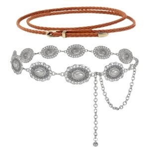 2PCS Western Concho Chain Belt for Women Cowgirl Belt Waist chains Belt for Country Concert Outfit Dresses Jeans