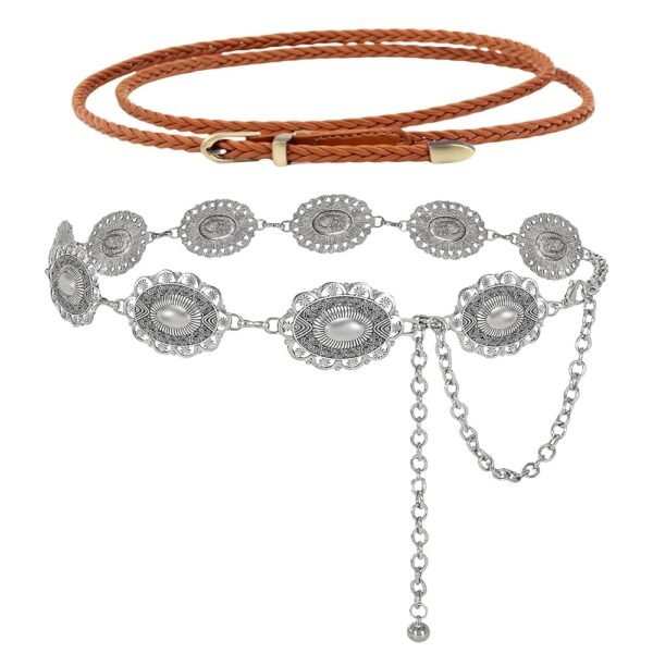 2PCS Western Concho Chain Belt for Women Cowgirl Belt Waist chains Belt for Country Concert Outfit Dresses Jeans