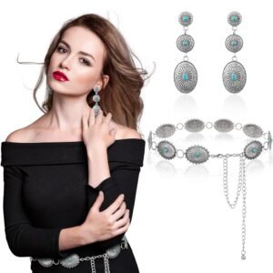 3 Pieces Western Jewelry for Women Western Turquoise Concho Chain Belts Boho Waist Belt Silver Metal Belt for Dress and Vintage Turquoise Dangle Earrings Drop Statement Post...