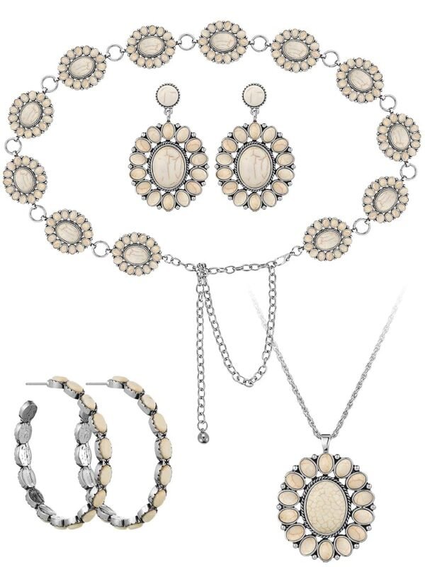 4 Pcs White Turquoise Concho Chain Belt Set Metal Western Waist Belts Turquoise Necklace Earrings Jewlery for Women