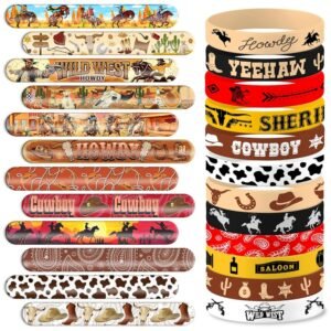 48PCS Cowboy Themed Party Set | 24PCS Slap Bracelets & 24PCS Rubber Bracelets Western Saloon Silicone Wristbands Birthday Party Supplies Decorations Gifts Carnival Prizes