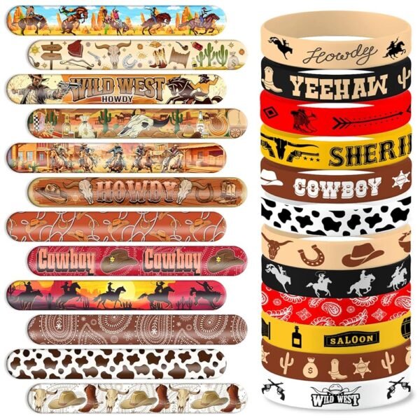 48PCS Cowboy Themed Party Set | 24PCS Slap Bracelets & 24PCS Rubber Bracelets Western Saloon Silicone Wristbands Birthday Party Supplies Decorations Gifts Carnival Prizes