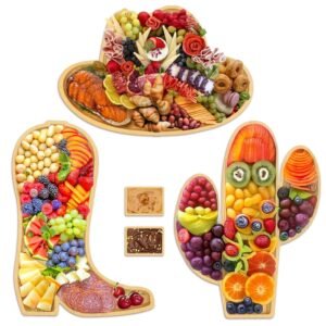 5 Pcs Charcuterie Boards with Dipping Saucers, Wooden Cowboy Hat Serving Platter Cowgirl Boot Cheese Board Cactus Food Tray, Bamboo Plates for Western Cowboy Cowgirl Birthday...
