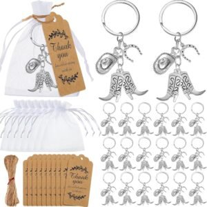 50 Set Cowboy Western Party Favors Cowboy Keychain Hat Boot Horse Shoe Keyring with Organza Bags Thank You Tags and Rope for Guests Western Party Favor Supplies (Classic Style)