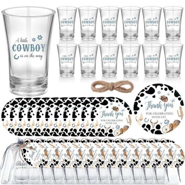 50 Sets Cowboy Baby Shower Favors for Guest A Little Cowboy is on the Way Acrylic Clear Shot Glasses Thank You Cards and Twine Organza Bags for Western Baby Shower Birthday...