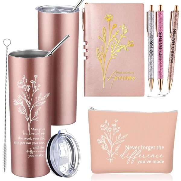 6 Pcs Employee Appreciation Gift Thank You May You Be Proud 20 oz Boho Flower Tumbler Makeup Bag A6 Leather Journal Ballpoint Pens Office Christmas Appreciation Coworkers Boss...