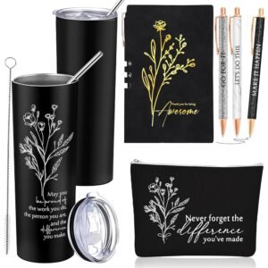 6 Pcs Employee Appreciation Gift Thank You May You Be Proud 20 oz Boho Flower Tumbler Makeup Bag A6 Leather Journal Ballpoint Pens for Coworkers Nurse Boss Office Christmas (Black)