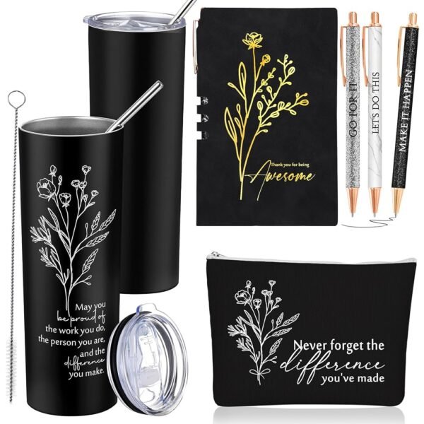 6 Pcs Employee Appreciation Gift Thank You May You Be Proud 20 oz Boho Flower Tumbler Makeup Bag A6 Leather Journal Ballpoint Pens for Coworkers Nurse Boss Office Christmas (Black)