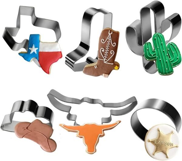 6 Piece Cowboy Cowgirl Boot Texas Cutter Set, Western Cookie Cutters Cowboy Hat,Longhorn, Cactus Cutter Shaped Stainless Steel Molds for Party Making Muffins, Cake Fondant Biscuits