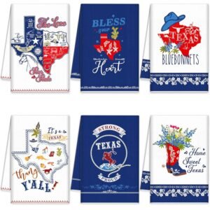 6 Pieces Texas Bluebonnets Kitchen Towels Texas Souvenirs Gifts Sweet Themed Decorative White Blue and Red Print Tea Dish Towel Decor for Home Dish and Hand Drying, 6 Styles