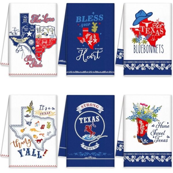 6 Pieces Texas Bluebonnets Kitchen Towels Texas Souvenirs Gifts Sweet Themed Decorative White Blue and Red Print Tea Dish Towel Decor for Home Dish and Hand Drying, 6 Styles