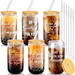 6 Set Employees Appreciation Gifts Thank You Team Gift Bulk Coworkers Staff 16oz Can Beer Glass Cup with Lids Straws Brushes for Thanksgiving Christmas Nurse(Elegant Style)