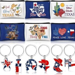 6 Sets Texas Souvenir Gifts Include 6 Pcs Texas Cosmetic Bag and 6 Pcs Metal Keychain for Women Traveler Christmas Party Gifts