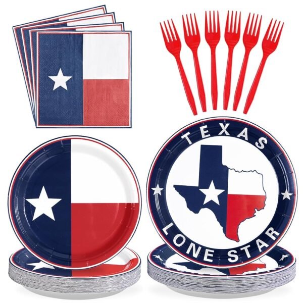 96Pcs Texas State Flag Birthday Party Supplies Texas State Flag Party Plates Disposable 350GSM Texas State Flag Tableware Set for Texas State Theme Party Birthday Family...