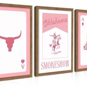 AKWISH Framed Western Cowgirl Canvas Wall Art Set of 3 – Pink Cowboy Posters Prints, Rodeo Texas Aesthetic Artwork for Bedroom, Living Room, Dorm, or Western Room Decor – 12x16in