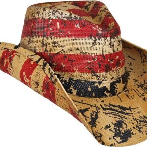 American Flag Straw Cowboy Hat, USA L-XL Size 8, Vintage Look W/Paint Splatter