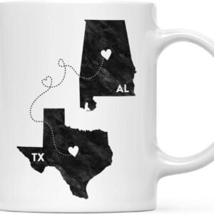 Andaz Press 11oz. Coffee Mug Long Distance Gift, Texas and Alabama, Black and White Modern, 1-Pack, Moving Away Graduation University College Gifts for Him Her Relationships