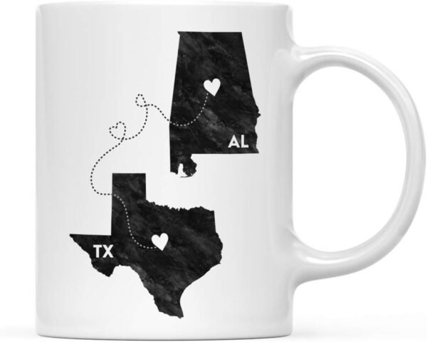 Andaz Press 11oz. Coffee Mug Long Distance Gift, Texas and Alabama, Black and White Modern, 1-Pack, Moving Away Graduation University College Gifts for Him Her Relationships