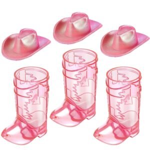 Artlunar Mini Pink Cowgirl Boots Shot Glasses with Pink Hat - Plastic Cute Shot Glasses for Women Western Cowgirl Party Favors