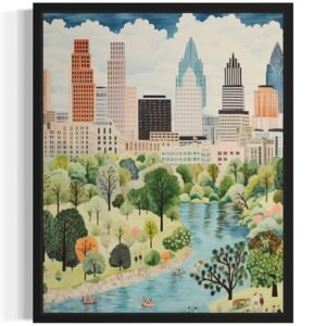 Austin Texas Poster Art Print, City Skyline American Folk Art, Naive Artwork Painting Decor for Bedroom, Bathroom, Living room Gallery 36 (Austin Texas, 8 x 10 inches, Unframed)