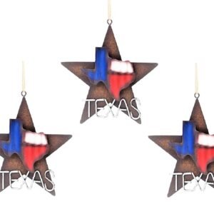 BestGiftEver Metal Star with Texas Map Ornament Rustic Style Gift Idea Western Lone Star 3-D Texas Map Christmas Metal/Tin - Tree or Wall Hanging (A Set of 3)