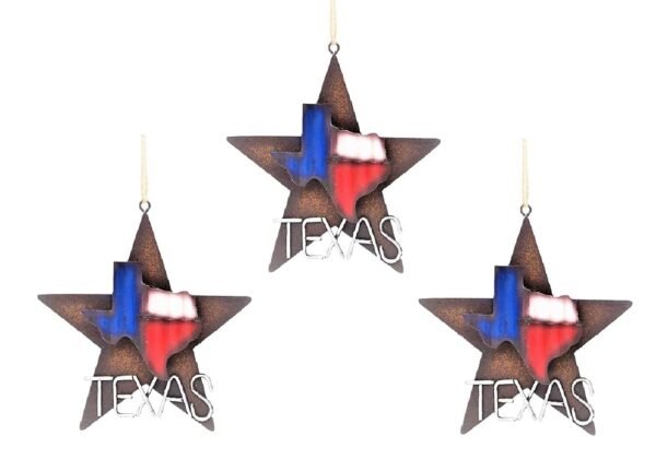 BestGiftEver Metal Star with Texas Map Ornament Rustic Style Gift Idea Western Lone Star 3-D Texas Map Christmas Metal/Tin - Tree or Wall Hanging (A Set of 3)