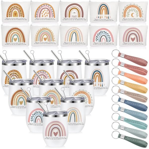 Bokon Set of 30 Employee Appreciation Gifts 12 oz May You Be Proud Sign Stainless Steel Tumbler Rainbow Sign Makeup Bags and Silicone Keychains Inspirational Gifts Thank You Gift