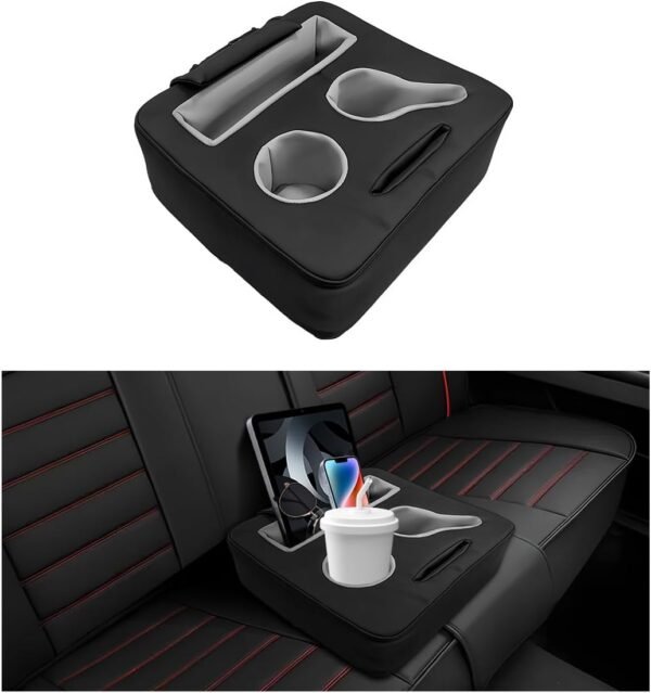 Car Back Seat Organizer, Leather Automotive Rear Seat Couch Cup Holder Expander Tray, Vehicle Cup Holder Tray Holds Snacks Remotes Phones for Truck RV Boat Couch Pillow Bed