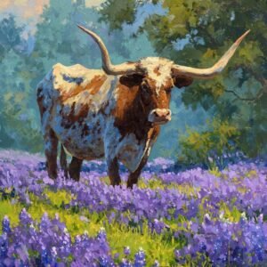 CDYCNXZ Longhorn Bull in a Field of Bluebonnet Flowers in Texas Diamond Painting Full Round Drill Embroidery Cross Stitch Arts Craft Canvas for Home Wall Decor 12x16inch
