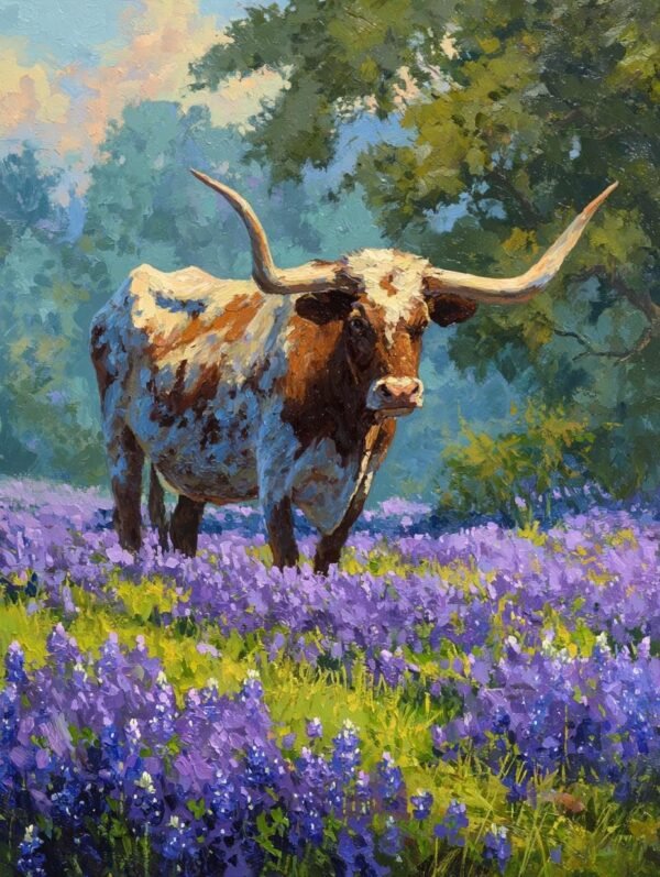 CDYCNXZ Longhorn Bull in a Field of Bluebonnet Flowers in Texas Diamond Painting Full Round Drill Embroidery Cross Stitch Arts Craft Canvas for Home Wall Decor 12x16inch