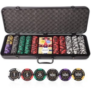 Clay Poker Chips for Texas Holdem,500 PCS 14g Chip Set with ABS Carrying Case,2 Decks of Cards, 5 Dice, 3 Buttons,Numbered Chips
